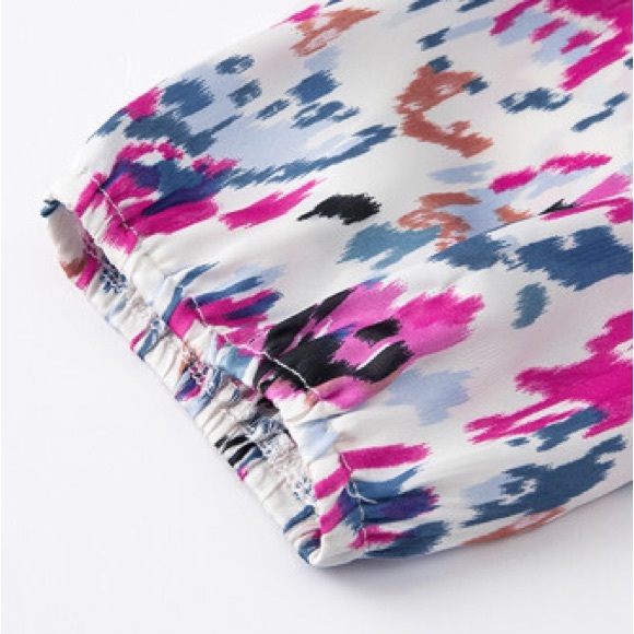 Multicolored Abstract Print 3/4 Puff Sleeve Ruffle Blouse NWT - Picture 8 of 12